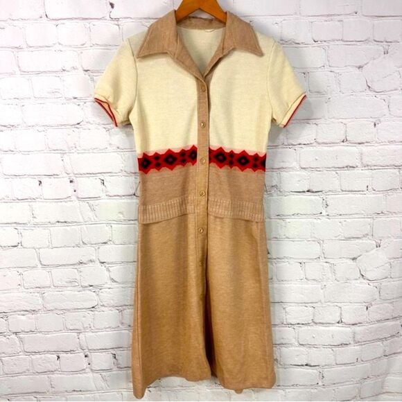 Vintage Womens Jumper Dress Short Sleeve Knee Length Half Button - Size M - Picture 1 of 10